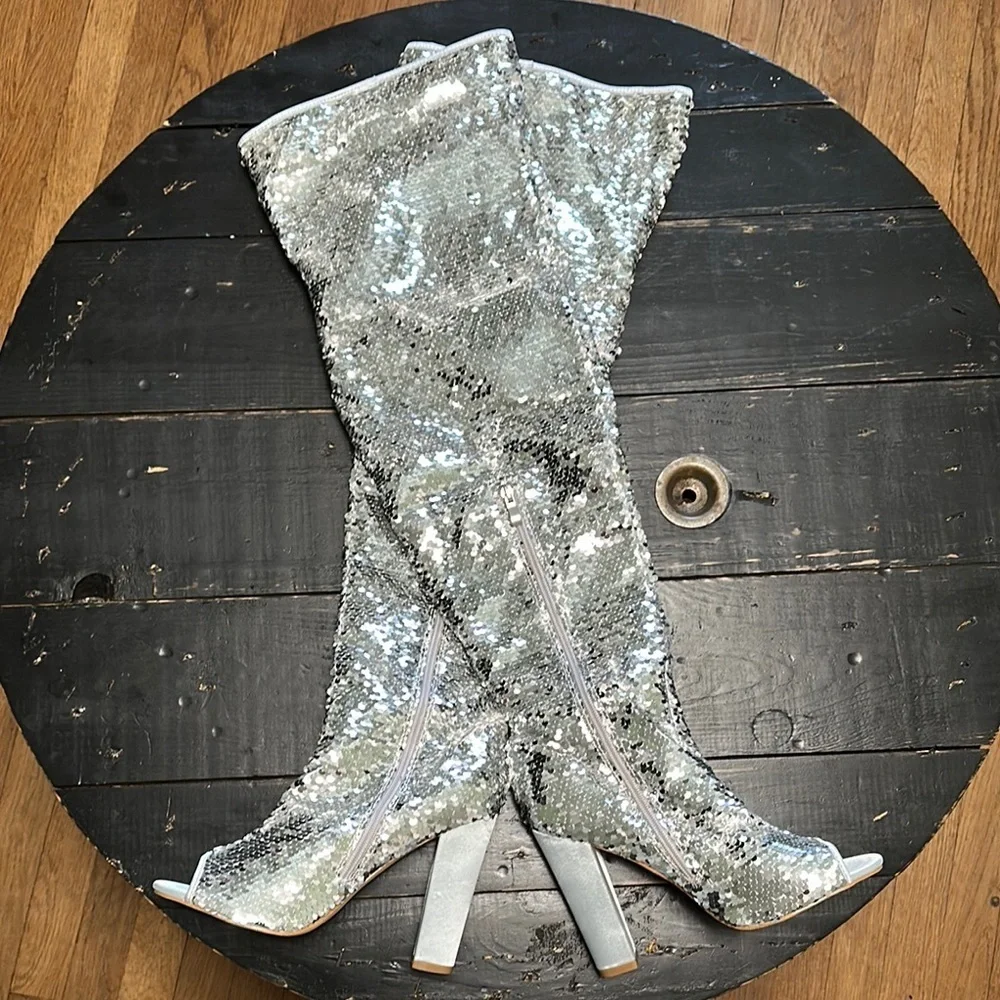 KHPAERMEI Sparkly Thigh High Open Toe Chunky High Heel Boots - Silver Sequin